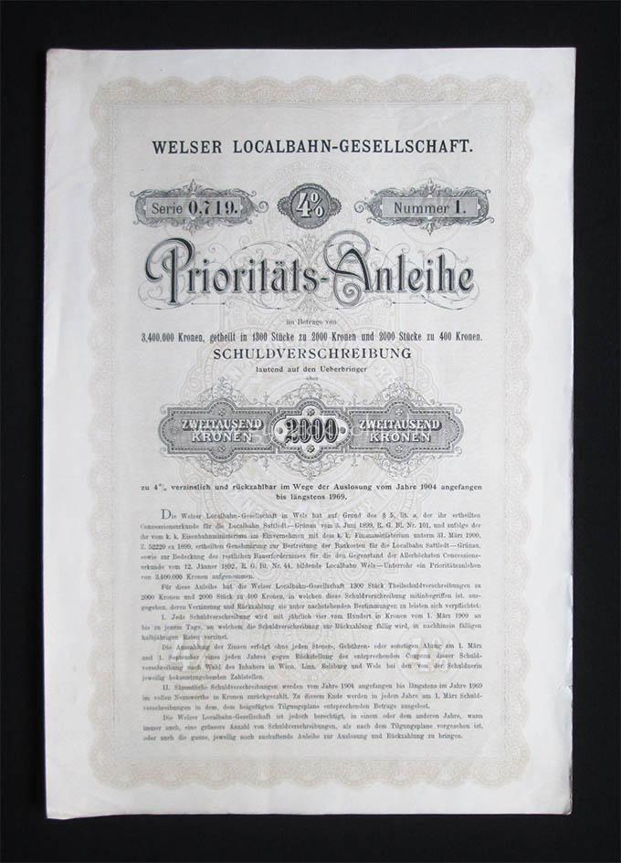 Wels-i Helyi Érdekû Vasút elsõbbségi kötvény 2000 korona 1900